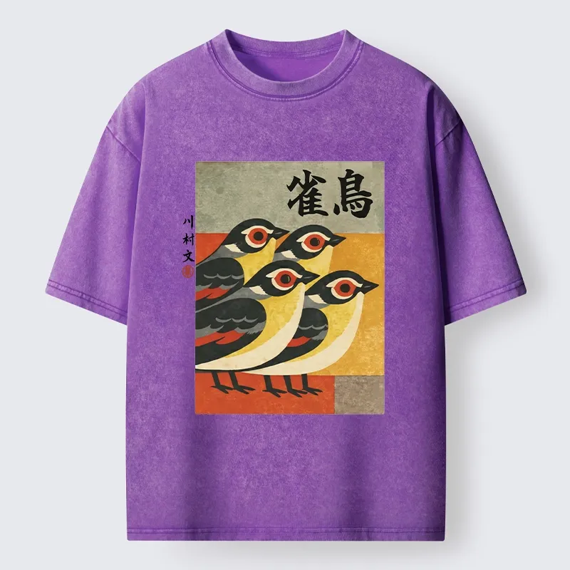 Tokyo-Lion Cute Sparrows In Retro Japanese Print Washed T-Shir
