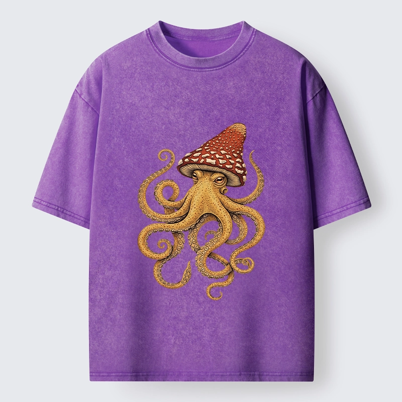 Tokyo-Lion Mushroom Octopus Fantasy Art Washed T-Shirt
