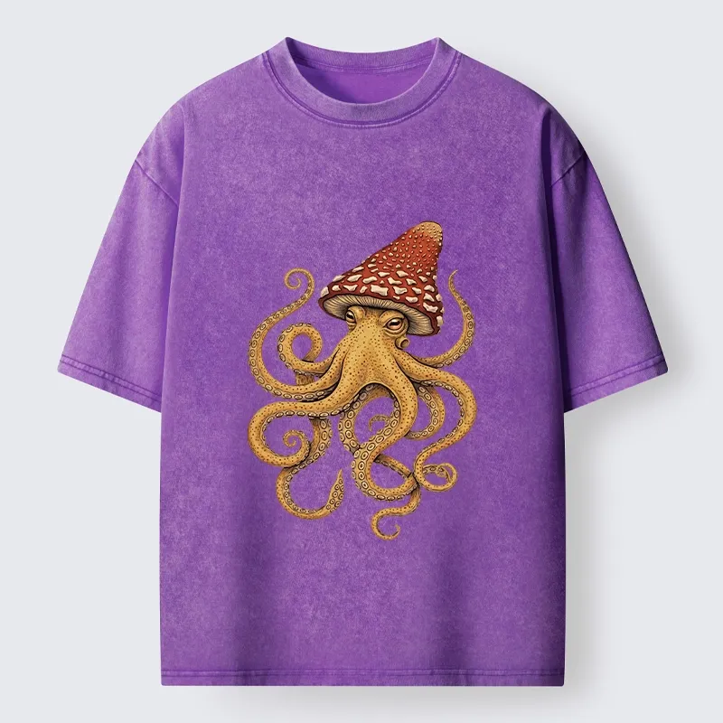Tokyo-Lion Mushroom Octopus Fantasy Art Washed T-Shirt