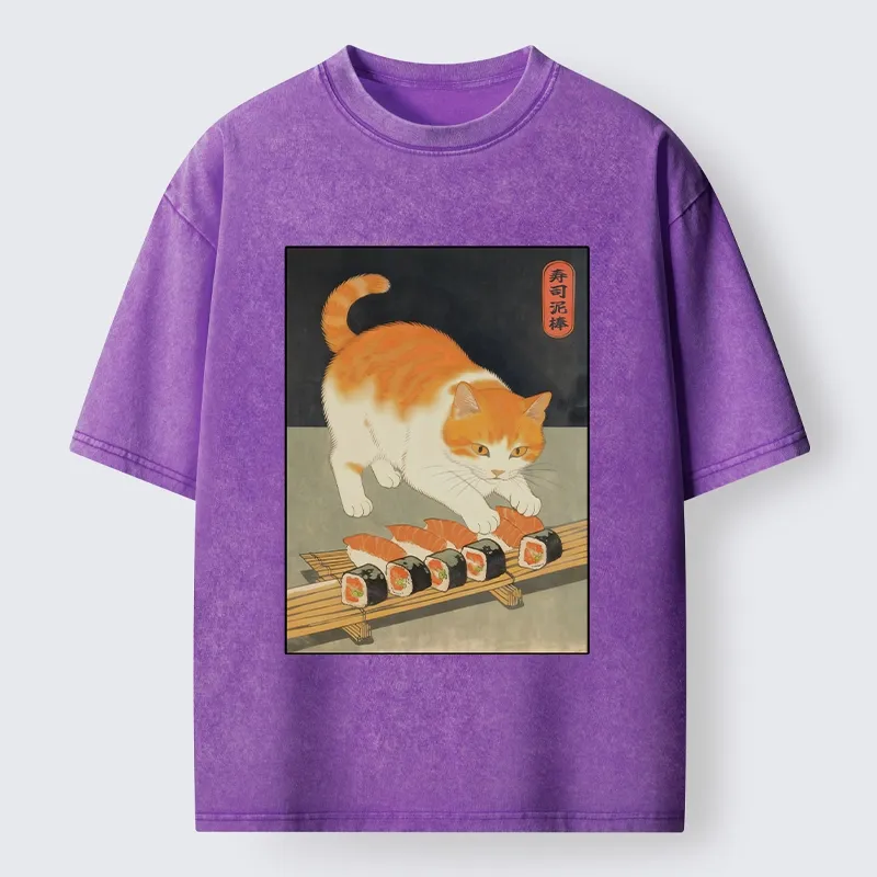 Tokyo-Lion Cat Trying To Steal Sushi Washed T-Shirt