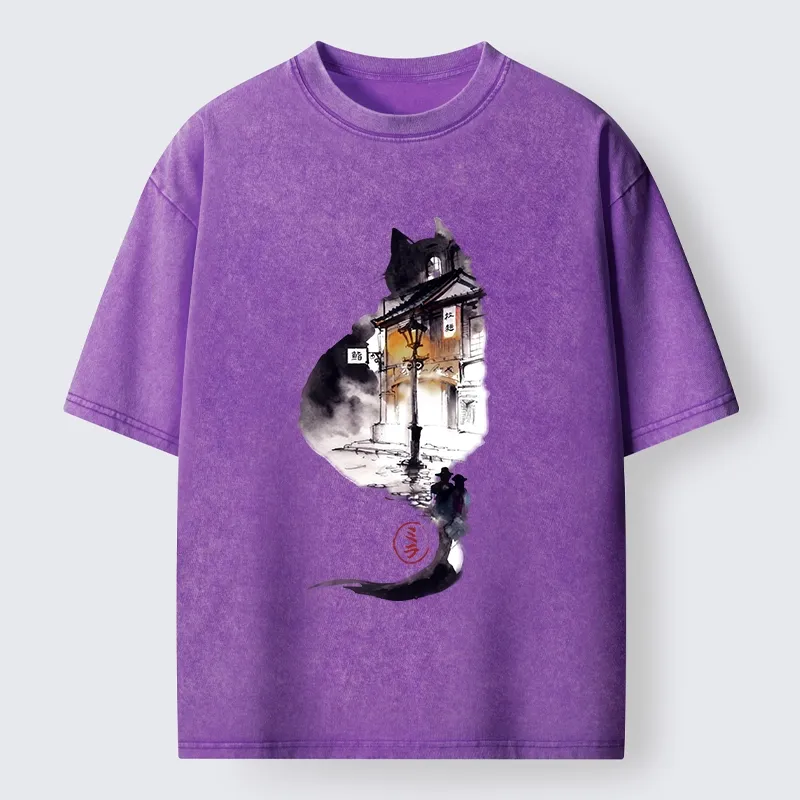 Tokyo-Lion Black Cat Night Street Silhouette Washed T-Shirt
