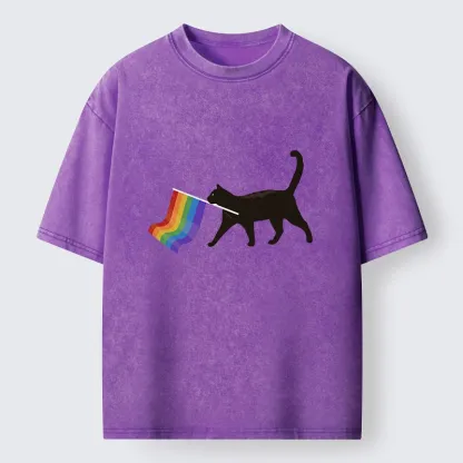 Tokyo-Lion Black Cat With Pride Flag Washed T-Shirt