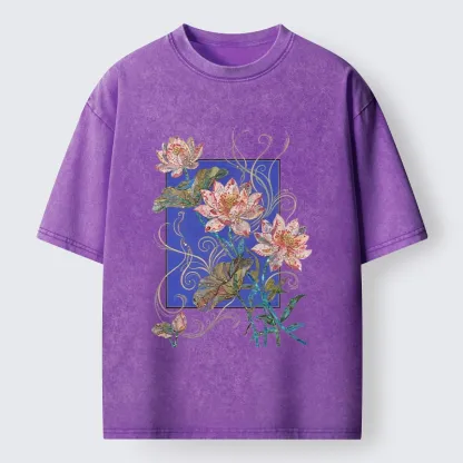 Tokyo-Lion Lotus Art Floral Vibe Washed T-Shirt