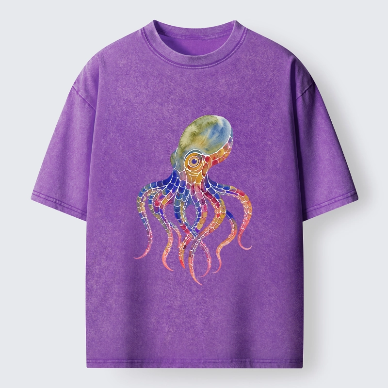 Tokyo-Lion Watercolor Octopus Art Washed T-Shirt