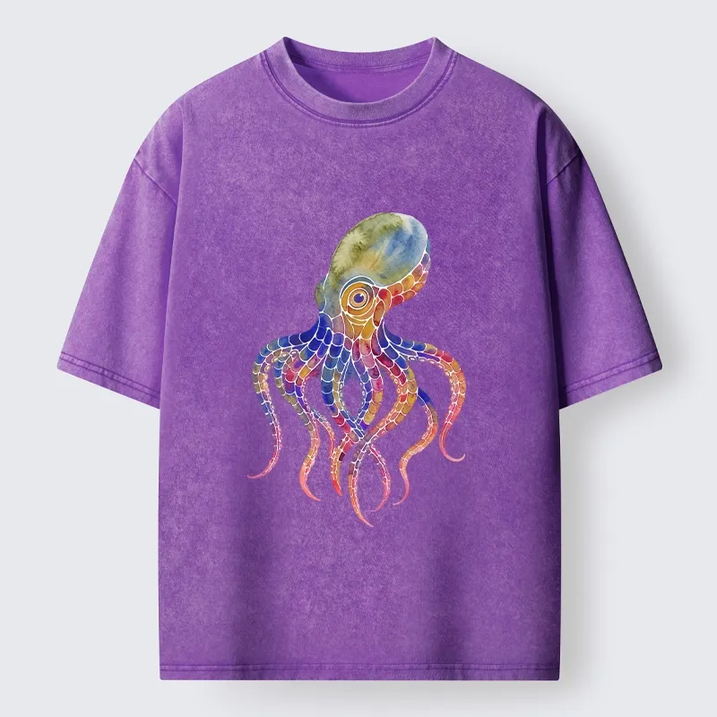 Tokyo-Lion Watercolor Octopus Art Washed T-Shirt