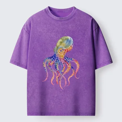Tokyo-Lion Watercolor Octopus Art Washed T-Shirt