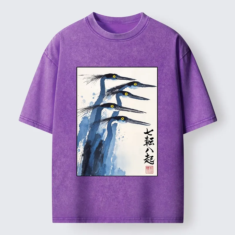 Tokyo-Lion Blue Herons Japanese Ink Art Washed T-Shirt