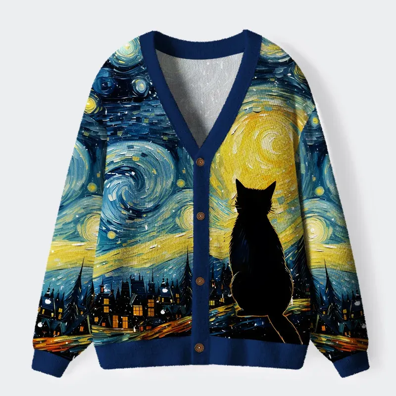 Tokyo-Lion Black Cat Under The Stars Ugly Cardigan Sweater