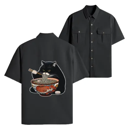 Tokyo-Lion Fat Cat Eating Ramen Work Shirt-Tokyo-Lion
