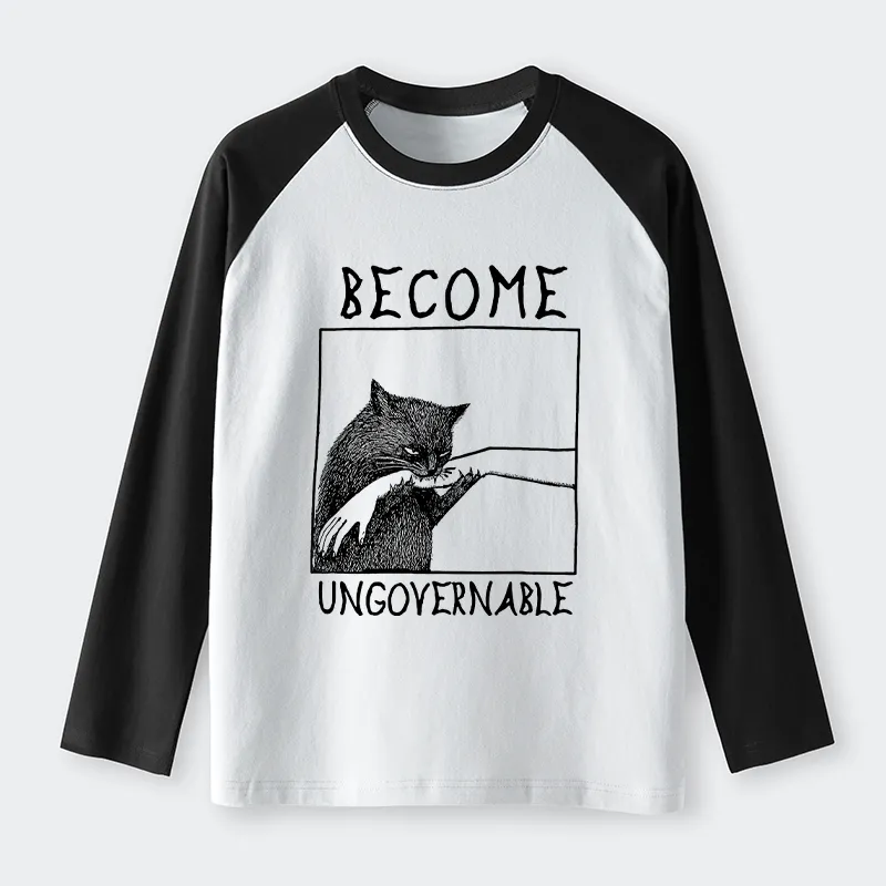 Tokyo-Lion Cat Biting Arm Raglan Long Sleeve T-shirt