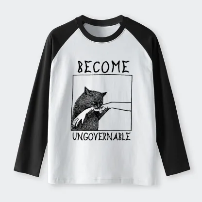 Tokyo-Lion Cat Biting Arm Raglan Long Sleeve T-shirt