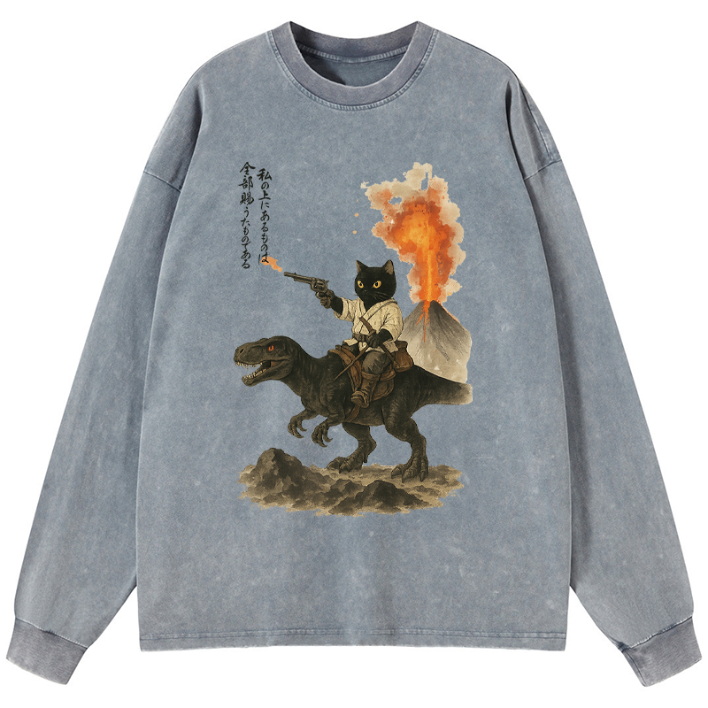 Tokyo-Lion Cat Riding A Dinosaur Washed Long Sleeve T-Shirt