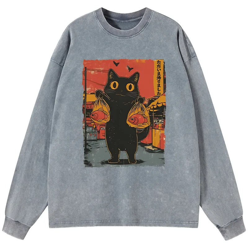 Tokyo-Lion Cat Fishing Japanese Washed Long Sleeve T-Shirt