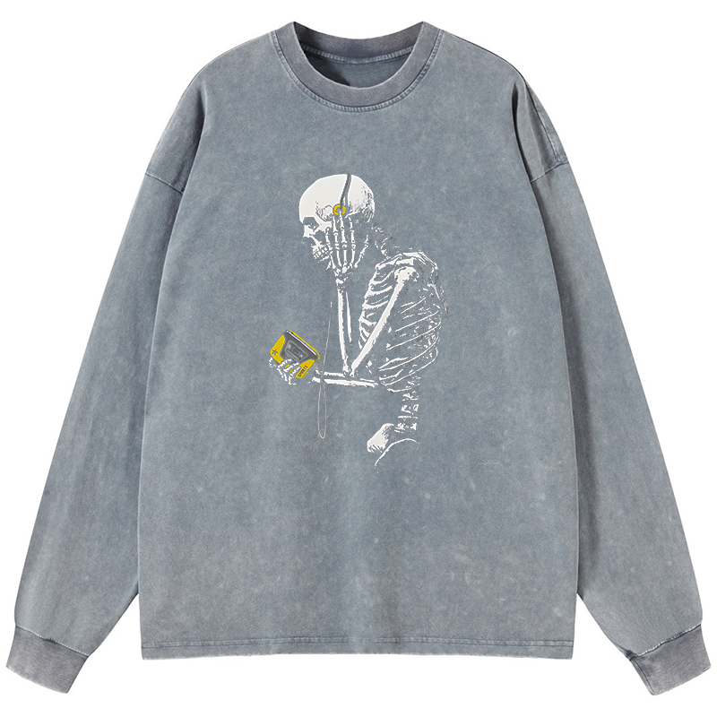Tokyo-Lion Skeleton Listening To Music Washed Long Sleeve T-Shirt