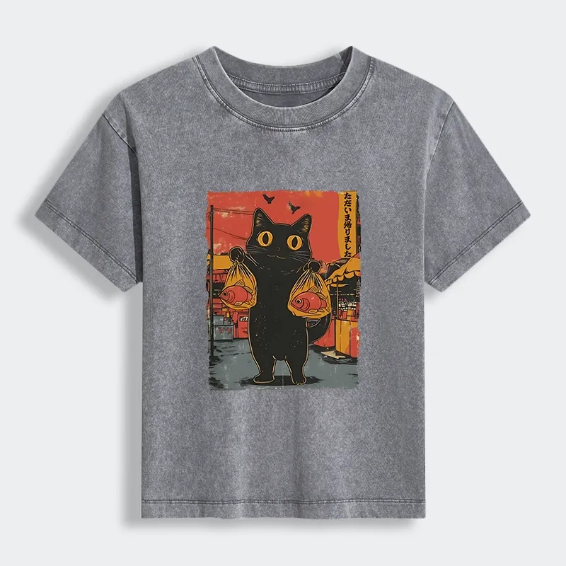 Tokyo-Lion Cat Fishing Japanese Women's Washed T-shirt