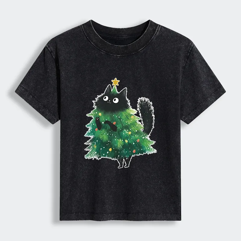 Tokyo-Lion Christmas Tree Cat Japan Women's Washed T-shirt