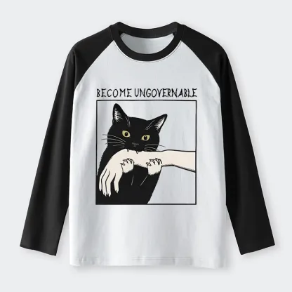 Tokyo-Lion Black Cat Biting Raglan Long Sleeve T-shirt