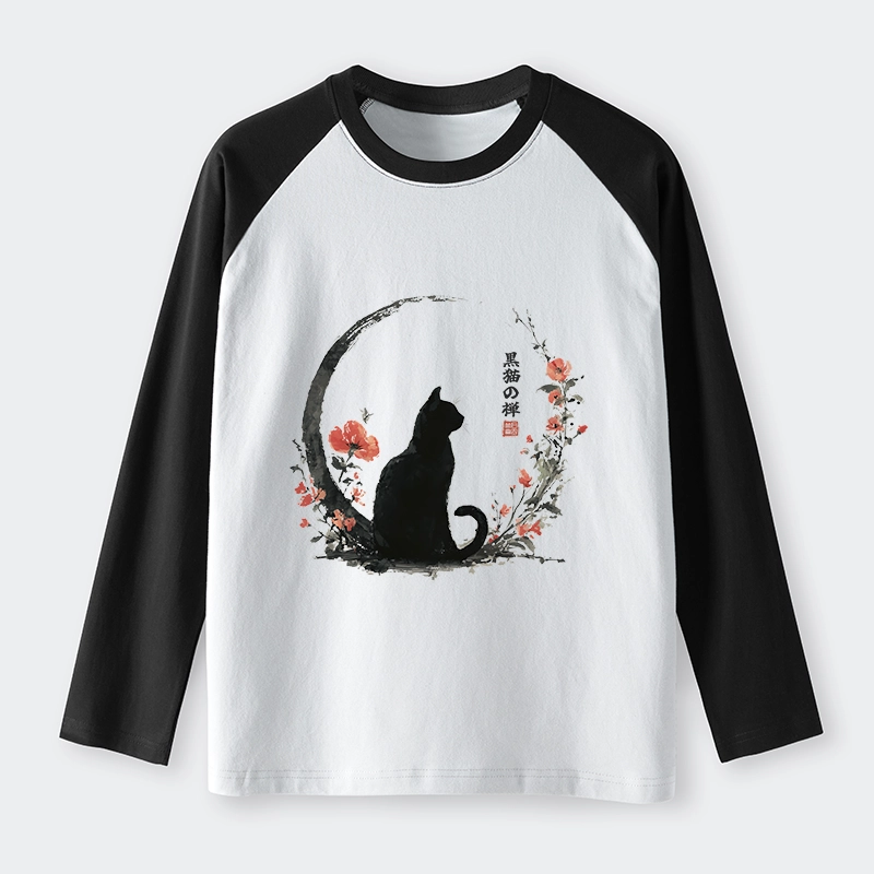 Tokyo-Lion Black Cat And Flowers Raglan Long Sleeve T-shirt