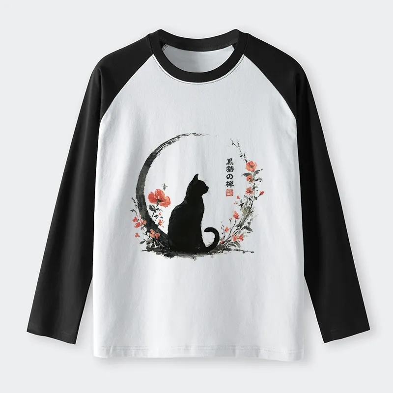 Tokyo-Lion Black Cat And Flowers Raglan Long Sleeve T-shirt