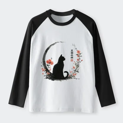 Tokyo-Lion Black Cat And Flowers Raglan Long Sleeve T-shirt