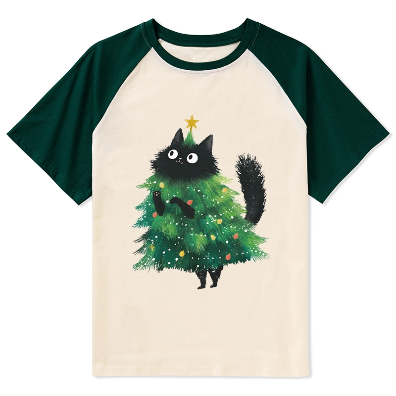 Tokyo-Lion Christmas Tree Cat Japan Raglan T-shirt
