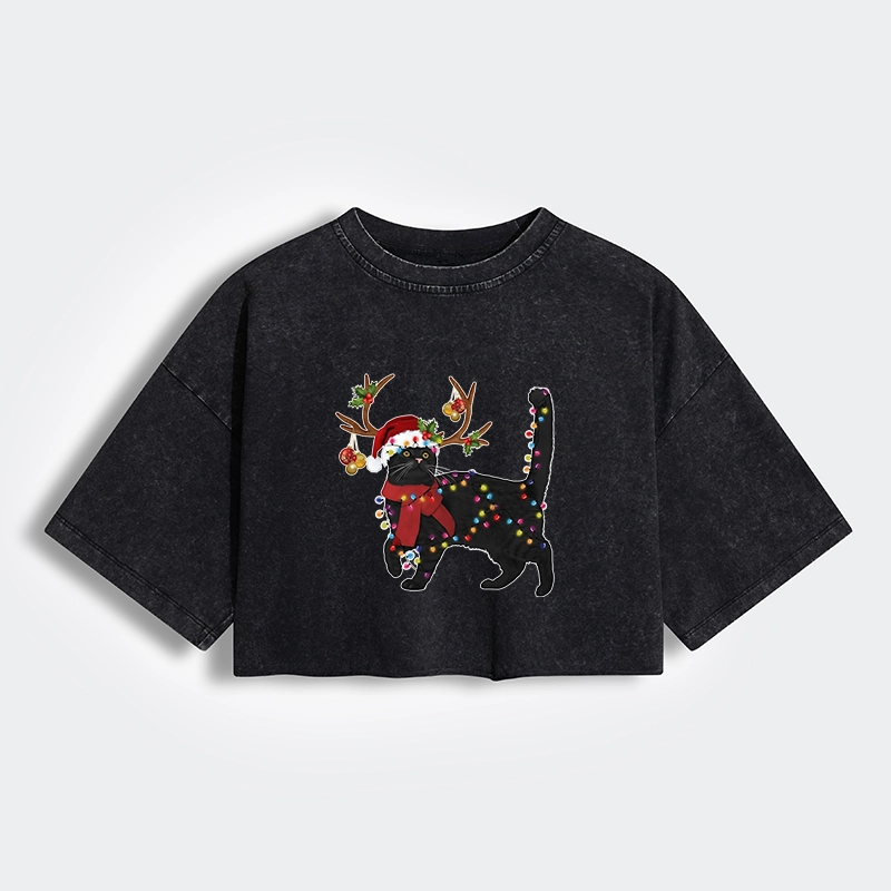 Tokyo-Lion Christmas Black Cat Women's Washed Crop T-Shirt