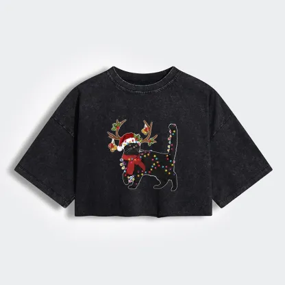 Tokyo-Lion Christmas Black Cat Women's Washed Crop T-Shirt