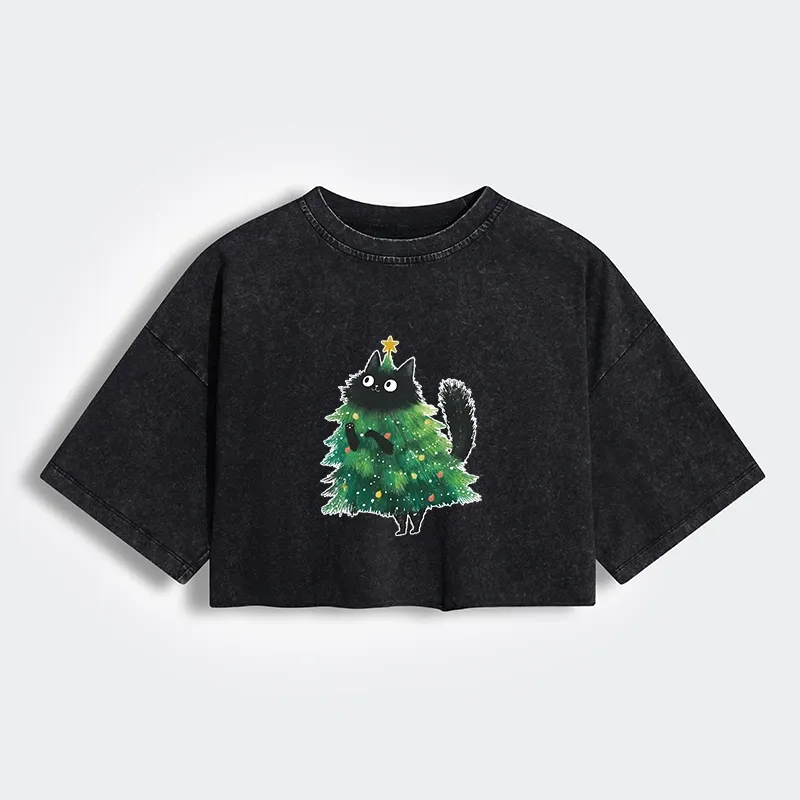 Tokyo-Lion Christmas Tree Cat Japan Women's Washed Crop T-Shirt