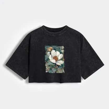 Tokyo-Lion Ukiyoe Magnolia Flower Poster Women's Washed Crop T-Shirt