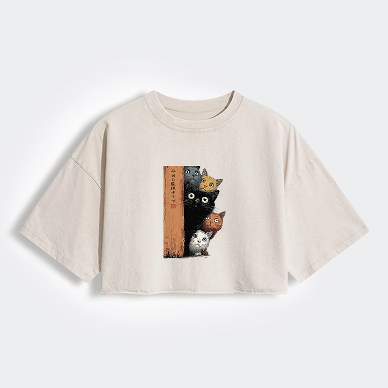 Tokyo-Lion Five Cats Are Watching You Women's Washed Crop T-Shirt