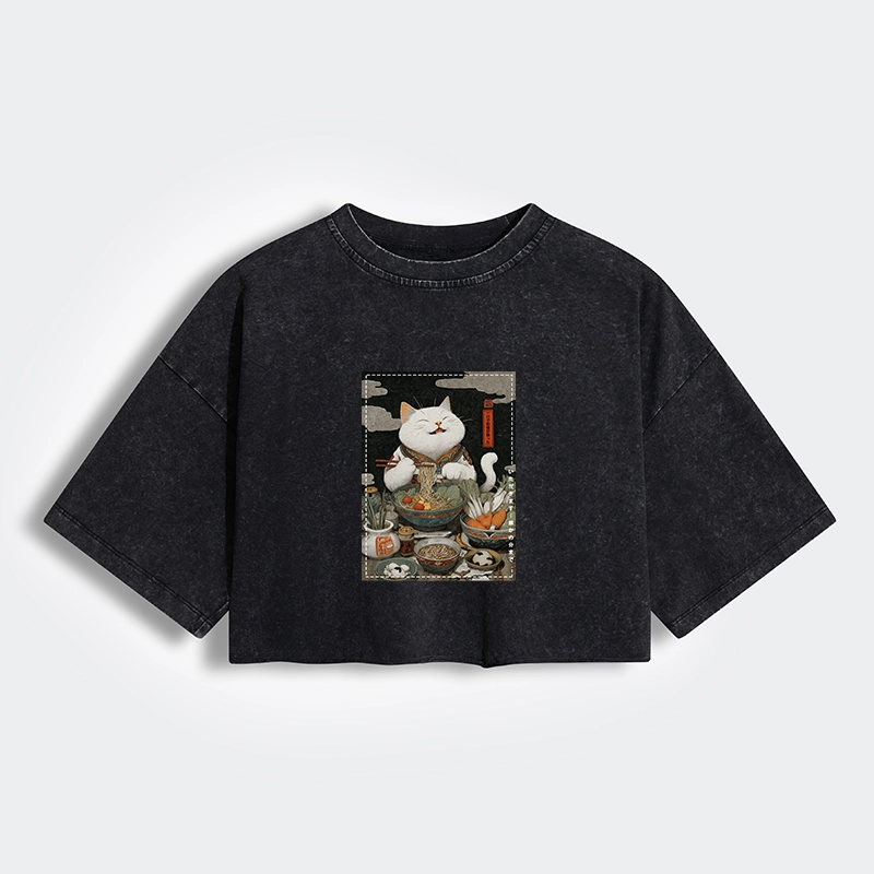 Tokyo-Lion The Ramen-Loving Cat Women's Washed Crop T-Shirt