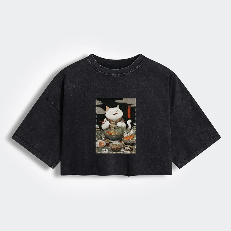 Tokyo-Lion The Ramen-Loving Cat Women's Washed Crop T-Shirt