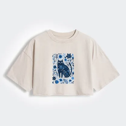 Tokyo-Lion A Cat Among Flowers Women's Washed Crop T-Shirt