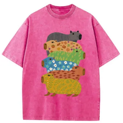 Tokyo-Lion Colorful Capybaras Washed T-Shirt