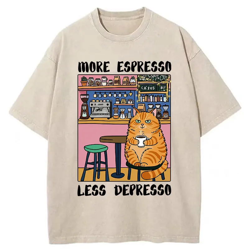 Tokyo-Lion Orange Cat Drinking Espresso Washed T-Shirt