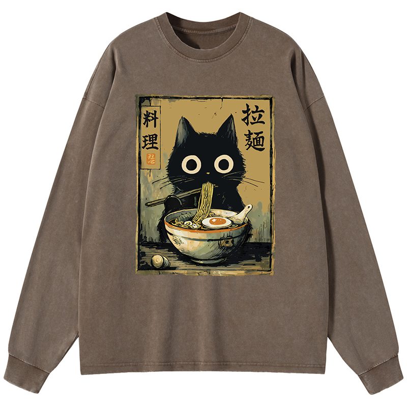 Tokyo-Lion Cute Black Cat Eating Ramen Japan Washed Long Sleeve T-Shirt