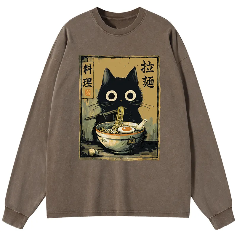 Tokyo-Lion Cute Black Cat Eating Ramen Japan Washed Long Sleeve T-Shirt