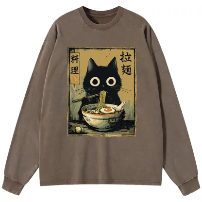 Tokyo-Lion Cute Black Cat Eating Ramen Japan Washed Long Sleeve T-Shirt