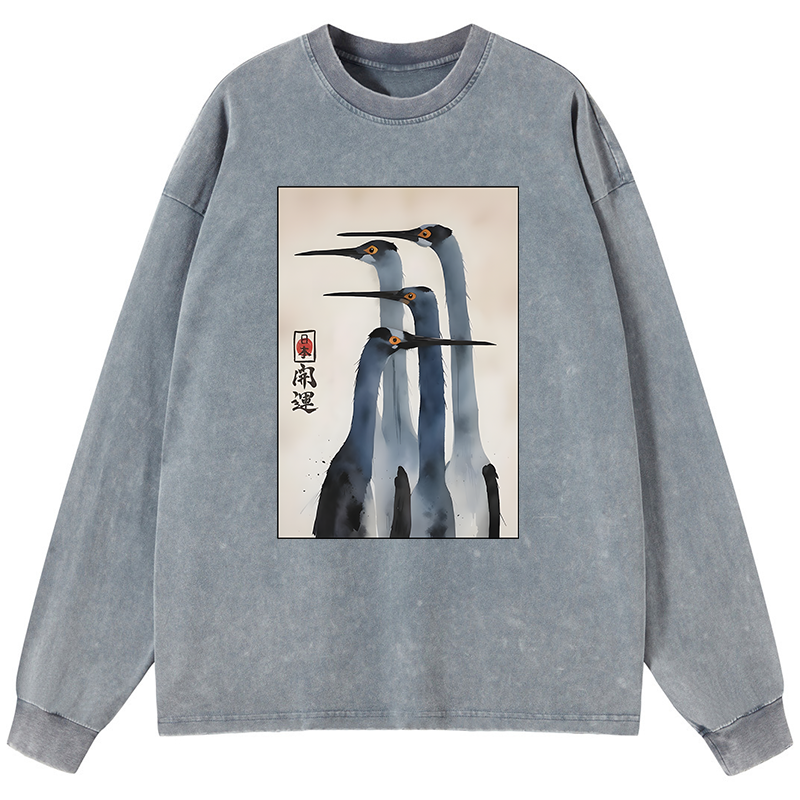 Tokyo-Lion Retro Sandhill Crane Washed Long Sleeve T-Shirt