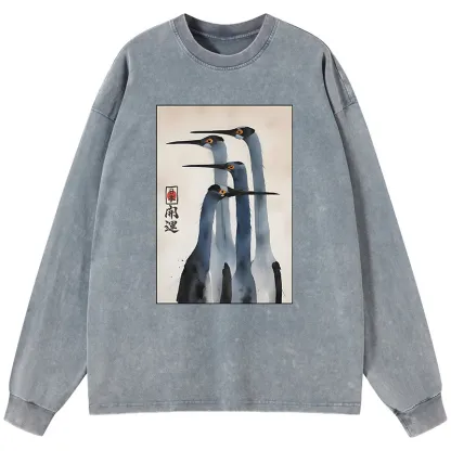 Tokyo-Lion Retro Sandhill Crane Washed Long Sleeve T-Shirt