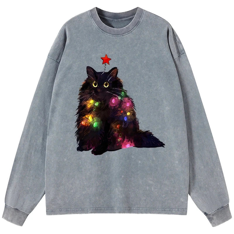 Tokyo-Lion Christmas Lights Cat Washed Long Sleeve T-Shirt-Tokyo-Lion
