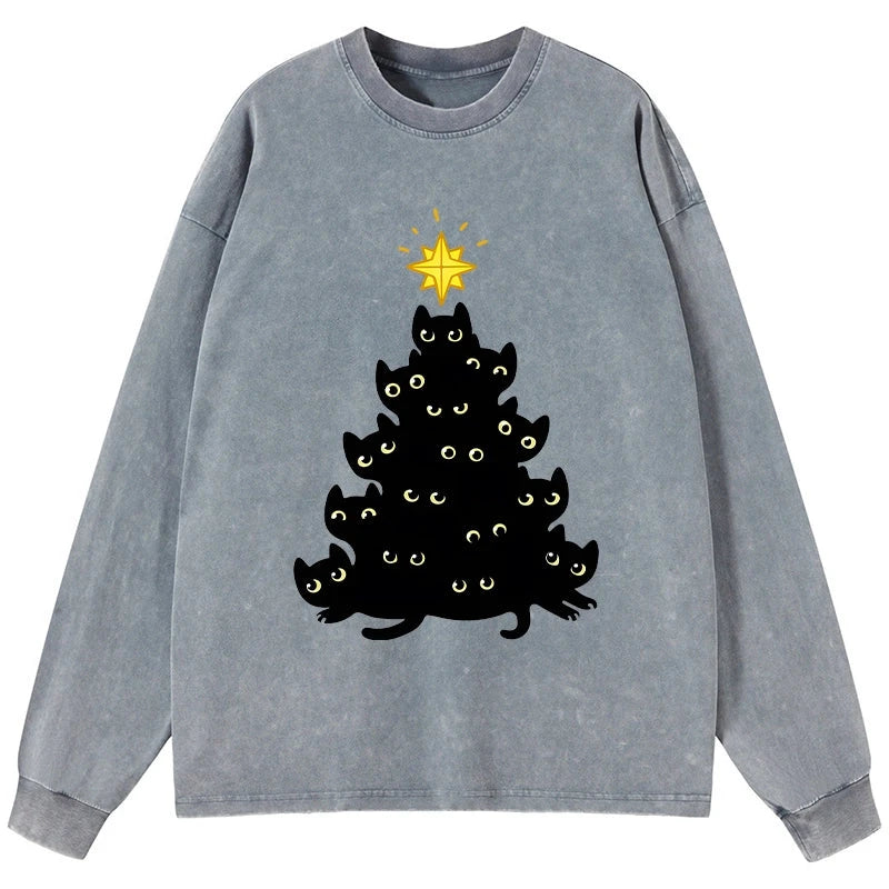 Tokyo-Lion Black Cat Christmas Tree Washed Long Sleeve T-Shirt-Tokyo-Lion