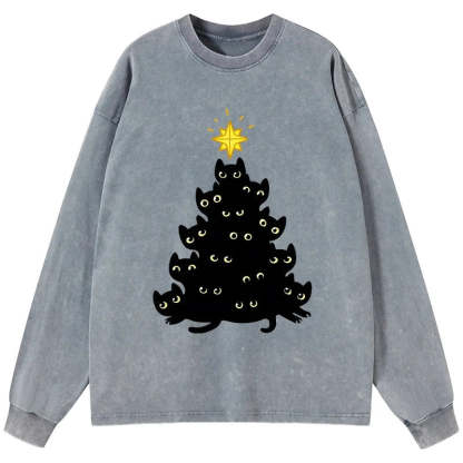 Tokyo-Lion Black Cat Christmas Tree Washed Long Sleeve T-Shirt-Tokyo-Lion