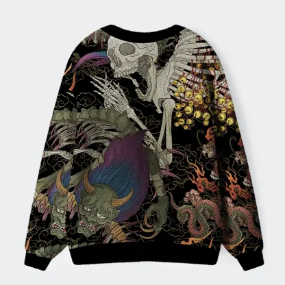 Tokyo-Lion Japanese Yokai And Skeletons Ugly Cardigan Sweater