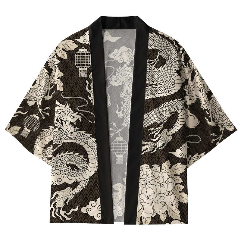 Tokyo-Lion Two Dragons Playing With A Pearl Kimono Cardigan