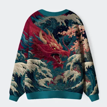 Tokyo-Lion Red Dragon Ukiyo-e Ugly Cardigan Sweater