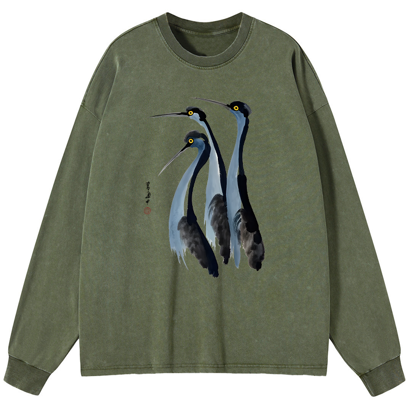 Tokyo-Lion Blue Crane Washed Long Sleeve T-Shirt