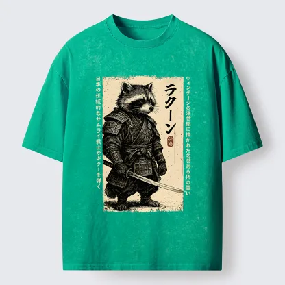 Tokyo-Lion Raccoon Japanese Samurai Washed T-Shirt