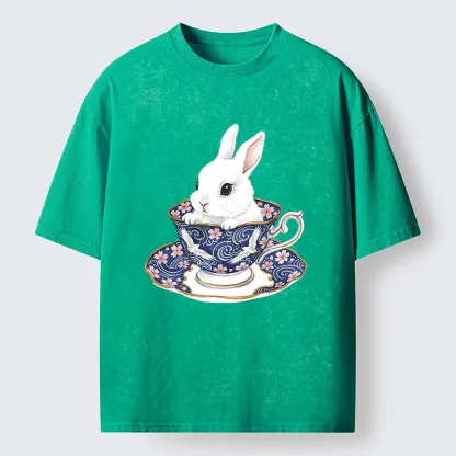 Tokyo-Lion Cute Rabbit Tea Set Washed T-Shirt