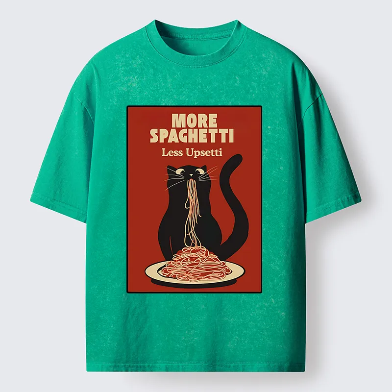 Tokyo-Lion Black Cat Eating Spaghetti Poster Washed T-Shirt